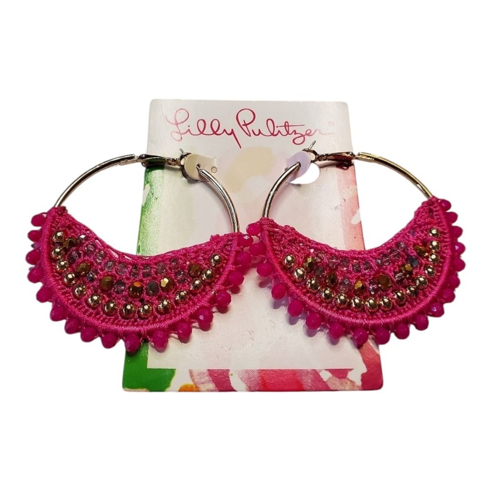 Lilly Pulitzer Bougainvillea Women's‎ Pink Bead Crochet Hoop Earrings Statement